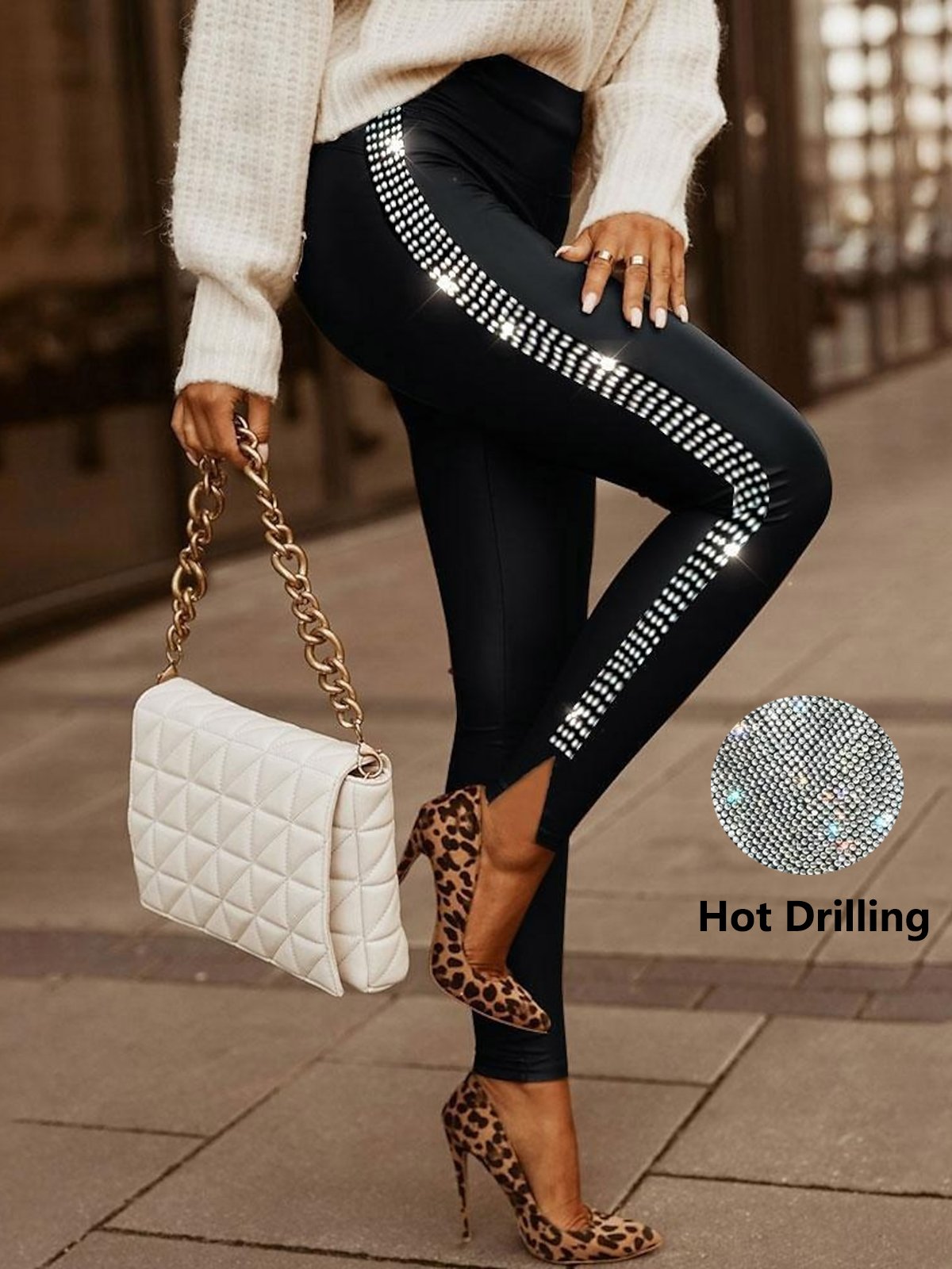 Casual Plain Hot Drilling Long Leggings