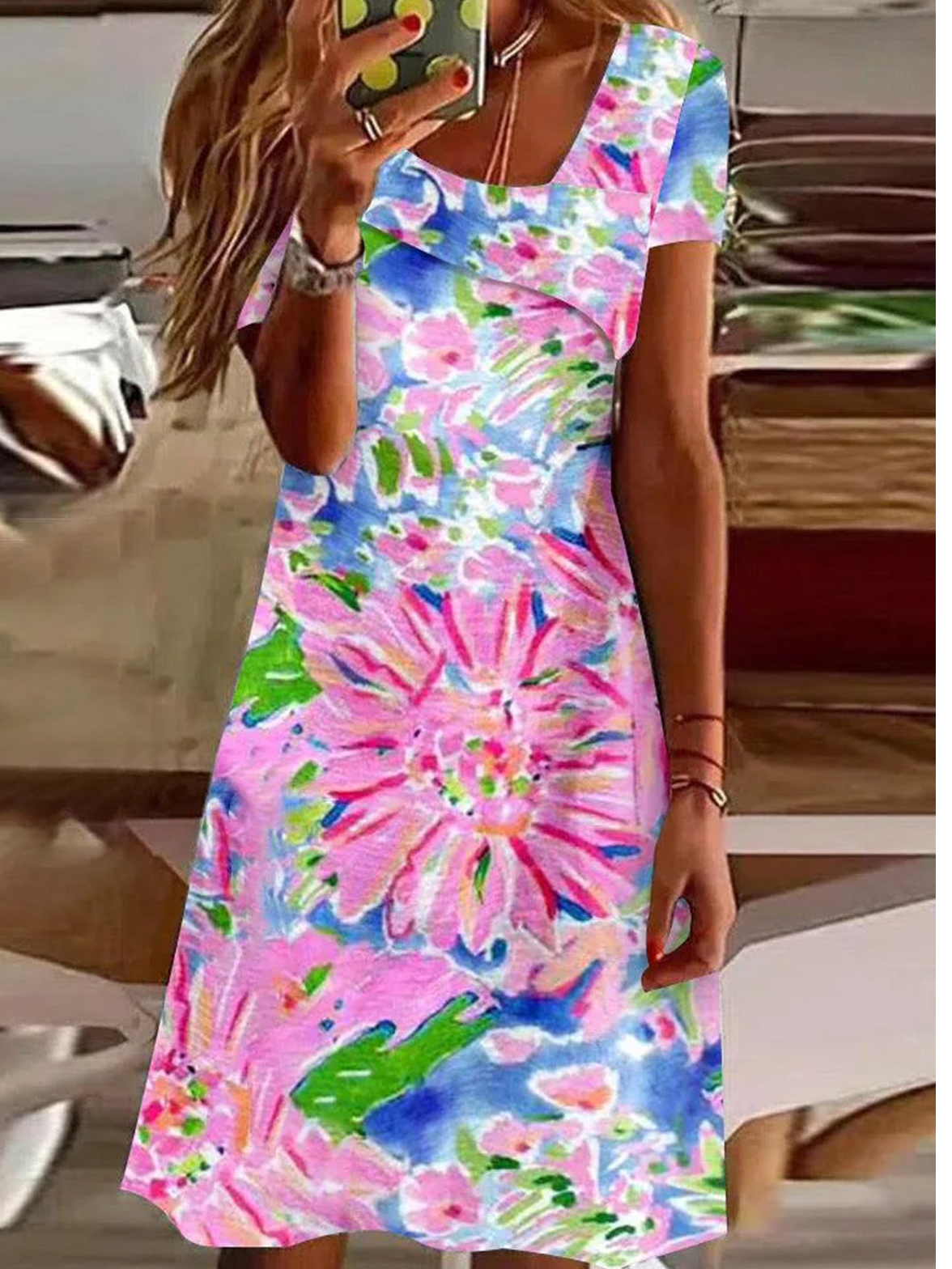 Women Floral Asymmetrical Short Sleeve Comfy Casual Knee Length Dress