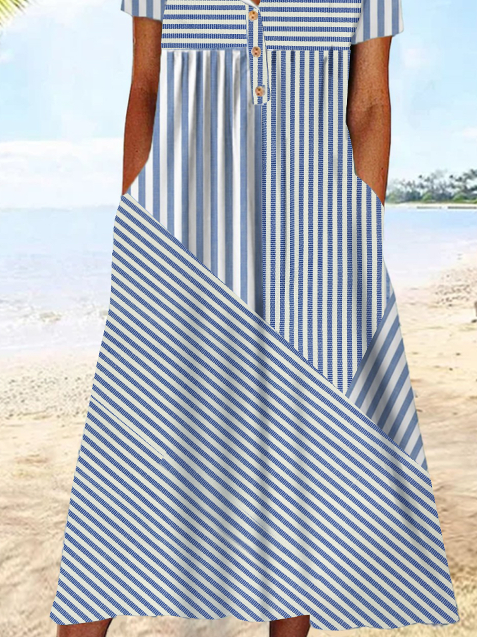 Women Striped Short Sleeve Comfy Casual Midi Dress