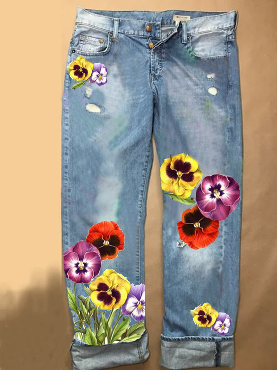 Floral Print Straight Denim Jean