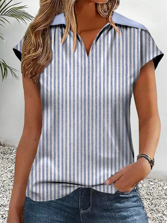 V Neck Short Sleeve Striped Regular Micro-Elasticity Loose Shirt For Women