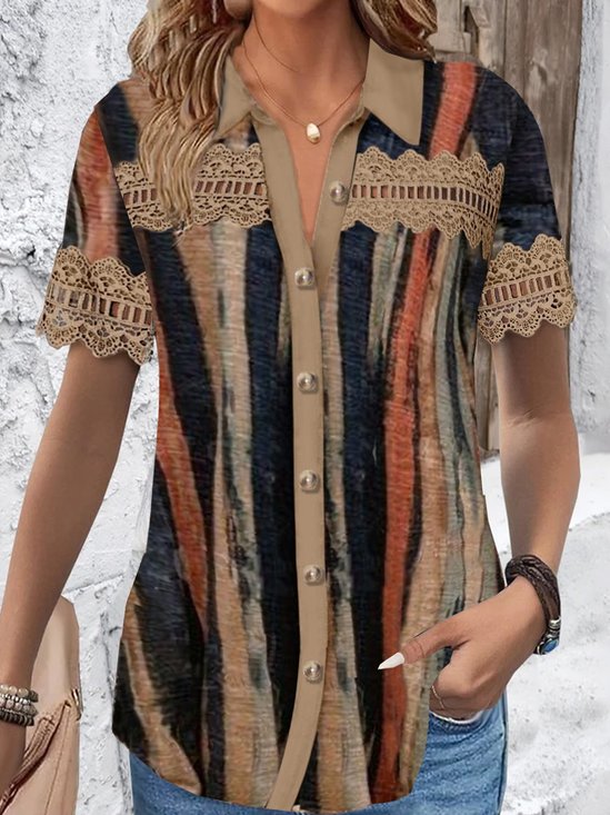 Shirt Collar Short Sleeve Abstract Stripes Lace Regular Loose Blouse For Women