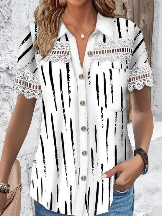 Shirt Collar Short Sleeve Abstract Stripes Regular Loose Blouse For Women