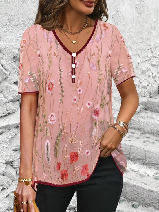 Crew Neck Short Sleeve Floral Embroidery Regular Loose Blouse For Women